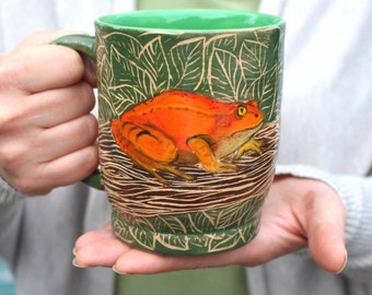 Ceramic mug   16oz handcrafted tea mug, poison frog  illustration, eco-friendly gift, pottery mug