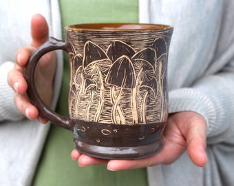 Handcrafted Ceramic Mug (15oz): Sgraffito Mushroom Forest Illustration