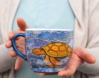 Pottery Mug 14 oz  Dreaming Turtle in the Clouds