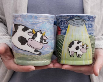 Set of two mugs  with  cow illustration  16 oz