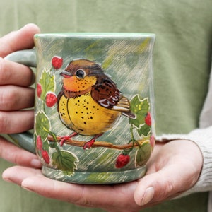 Pottery  mug 14oz with robin bird  bowl 18 oz  with berries bushes
