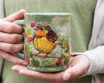 Pottery  mug 14oz with robin bird  bowl 18 oz  with berries bushes