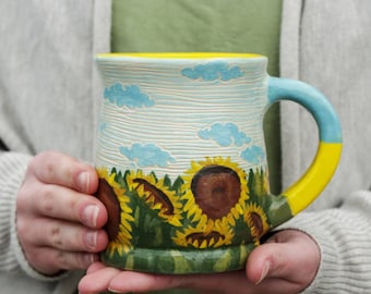 Pottery Mug 12 oz 13oz 16 oz 20 oz Ukraine Flag Sunflower, Ukrainian Artist