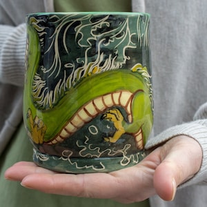 Handcrafted Ceramic Mug: Green Dragon Sgraffito Pottery (18oz)