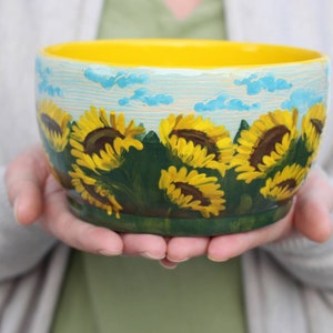 Pottery Bowl 30oz 35oz Ukraine Flag Sunflower, Ukrainian Artist image 1