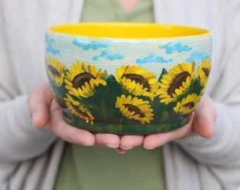 Pottery Bowl 30oz 35oz Ukraine Flag Sunflower, Ukrainian Artist