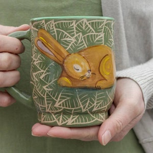 Ceramic mug 14 oz handcrafted tea mug, coffee cup with sleeping rabbit illustration, eco-friendly gift, pottery mug image 9