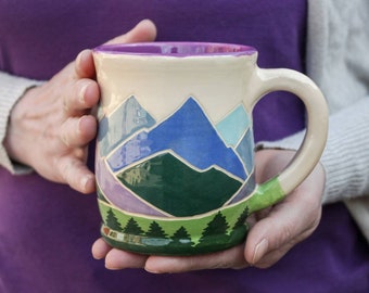 Spring Ceramic Mug 14 oz Handcrafted Teacup With Mountains and Forest Illustration  Eco-friendly Gift Pottery Violet Purple Mug