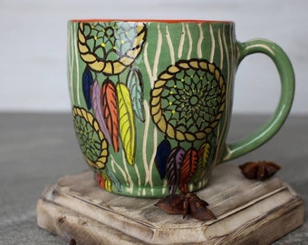 Ceramic mug 14 oz, handmade teacup with dream catcher   illustration, eco-friendly gift,    housewarming pottery mug