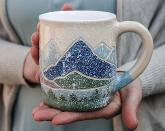 Ceramic mug 12 oz, 16oz handcrafted teacup with winter mountains and forest  illustration,  eco-friendly gift, pottery white snowfall  mug