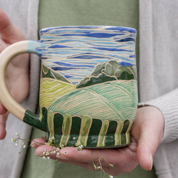 Pottery Ceramic Mug 14 oz  16 oz With Landscape  Fields and Sky Illustration