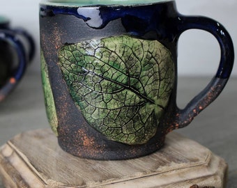Ceramic Mug 8oz, 13oz, 14oz  Handcrafted  Coffee and Tea Cup With Leafs  Eco-friendly Gift Pottery Green and Turquoise Summer Mug