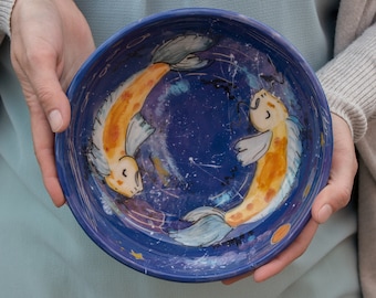 Handmade  bowl   ceramic pottery with Koi  fishes illustration