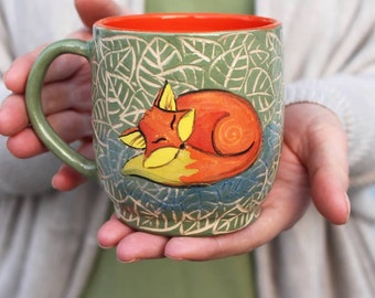 Ceramic mug 12 oz,  14 oz handcrafted tea mug, coffee cup  with sleeping fox illustration, eco friendly gift, pottery mug