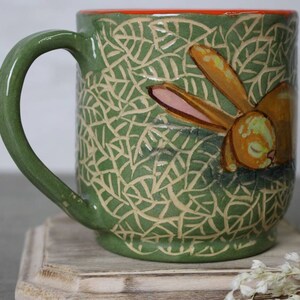 Ceramic mug 14 oz handcrafted tea mug, coffee cup with sleeping rabbit illustration, eco-friendly gift, pottery mug image 5
