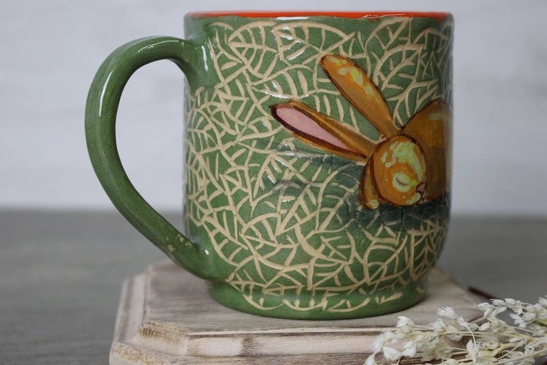 Ceramic mug 14 oz handcrafted tea mug, coffee cup with sleeping rabbit illustration, eco-friendly gift, pottery mug image 5