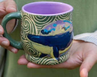 Pottery Mug, 12 oz 14 oz 16 oz    Whale  flying with the Moon