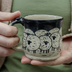 Handcrafted Ceramic Mug: Sheep Illustration, Eco Friendly Pottery