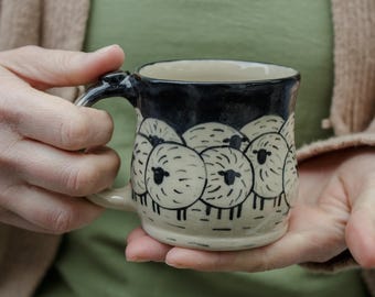 Handcrafted Ceramic Mug: Sheep Illustration, Eco Friendly Pottery