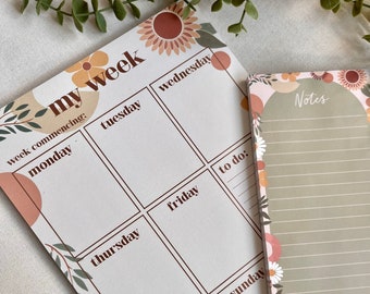 Floral Stationery Bundle: Weekly Planner and Narrow Tear- Off Notepad with Daisy, Sunflower, and Olive Branch Design - Discounted Set