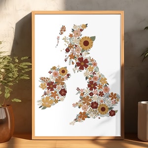 Map of the UK Art Print with Intricate Botanical and Floral Design in Warm Earthy Tones / Printed on recycled paper Home Decor Wall Art image 2