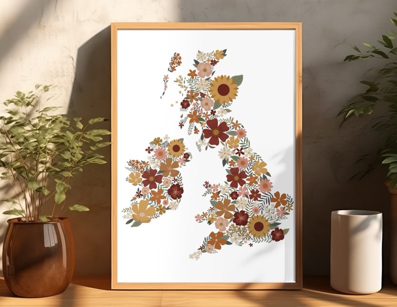 Map of the UK Art Print with Intricate Botanical and Floral Design in Warm Earthy Tones / Printed on recycled paper Home Decor Wall Art image 2