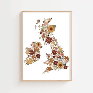 Map of the UK Art Print with Intricate Botanical and Floral Design in Warm Earthy Tones / Printed on recycled paper Home Decor Wall Art image 3