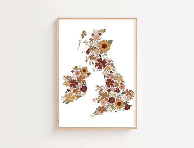 Map of the UK Art Print with Intricate Botanical and Floral Design in Warm Earthy Tones / Printed on recycled paper Home Decor Wall Art image 3