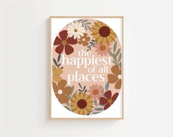 The Happiest of All Places Floral Art Print with Inspirational Quote in Warm Pink and Red Tones / Happy Place Wall Decor for girls room