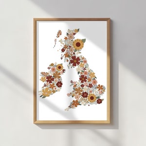 Map of the UK Art Print with Intricate Botanical and Floral Design in Warm Earthy Tones / Printed on recycled paper Home Decor Wall Art image 1