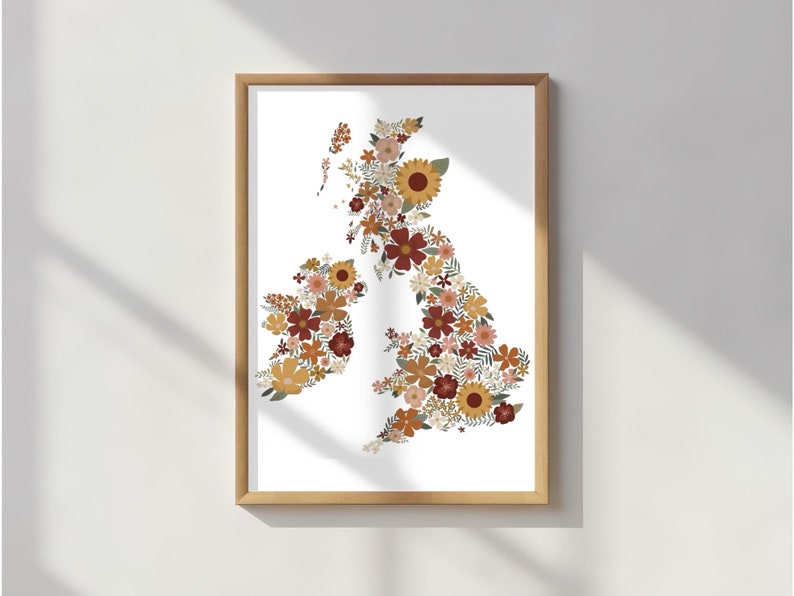 Map of the UK Art Print with Intricate Botanical and Floral Design in Warm Earthy Tones / Printed on recycled paper Home Decor Wall Art image 1