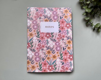 Spring Wildflower 60-Page A5 Notebook Printed on 100% Recycled Paper with Rounded Corners | Pink, White, and Beige | Eco-Friendly Stationery