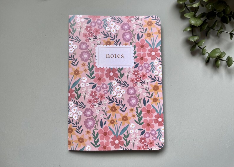 Spring Wildflower 60-Page A5 Notebook Printed on 100% Recycled Paper with Rounded Corners Pink, White, and Beige Eco-Friendly Stationery image 1
