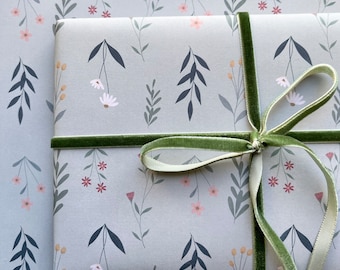 Illustrated Wildflower Folded Wrapping Paper for All Occasions / Premium A2 Sage Green Folded Gift Wrap with Ditsy Floral Design