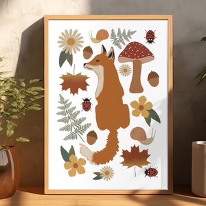 Woodland Fox Print with Adorable Design Featuring Bugs, Leaves, Mushrooms, and Flowers for Kids Room or Nursery Decor / forest illustration image 1