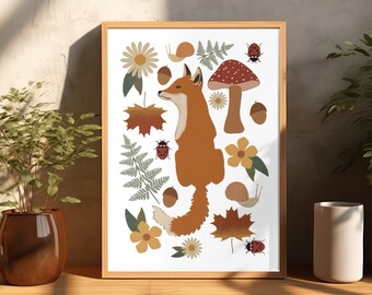 Woodland Fox Print with Adorable Design Featuring Bugs, Leaves, Mushrooms, and Flowers for Kids Room or Nursery Decor / forest illustration