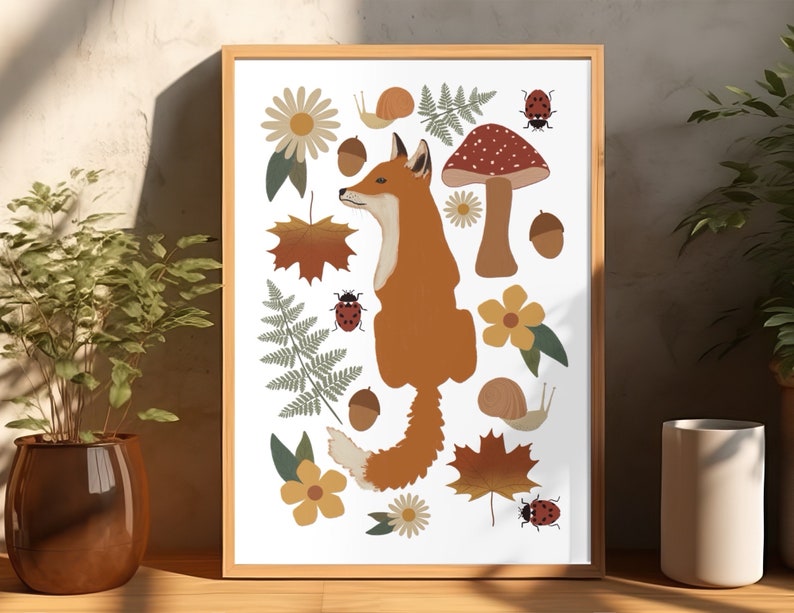 Woodland Fox Print with Adorable Design Featuring Bugs, Leaves, Mushrooms, and Flowers for Kids Room or Nursery Decor / forest illustration image 1