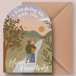 I Love Doing Life With You Unique A6 Arch Shape Happy Anniversary Greeting Card for Couple / Illustrated Art Card image 1