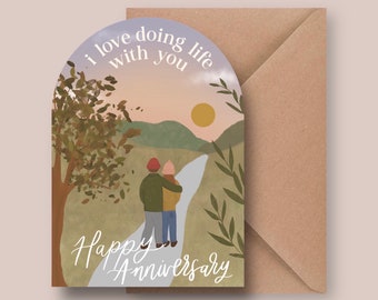 Me encanta hacer vida contigo - Tarjeta de felicitación de feliz aniversario con forma de arco A6 única para pareja/tarjeta artística ilustrada