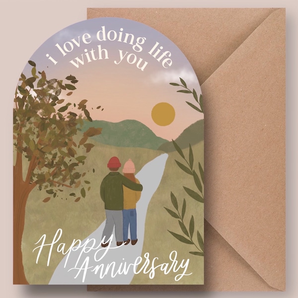 I Love Doing Life With You - Unique A6 Arch Shape Happy Anniversary Greeting Card for Couple / Illustrated Art Card