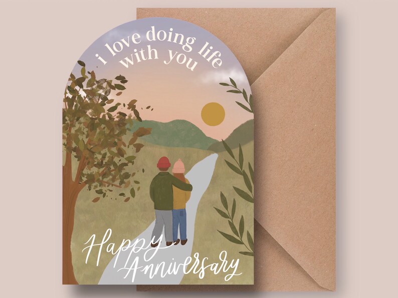 I Love Doing Life With You Unique A6 Arch Shape Happy Anniversary Greeting Card for Couple / Illustrated Art Card image 1