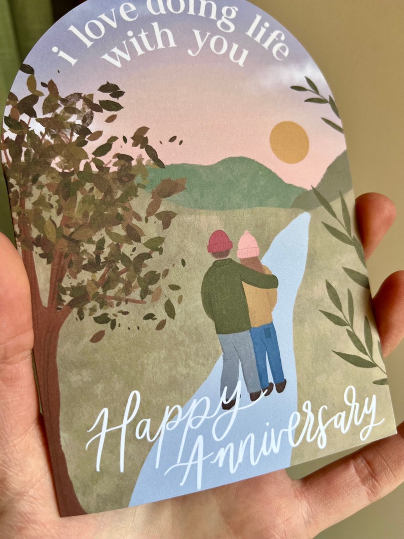 I Love Doing Life With You Unique A6 Arch Shape Happy Anniversary Greeting Card for Couple / Illustrated Art Card image 4