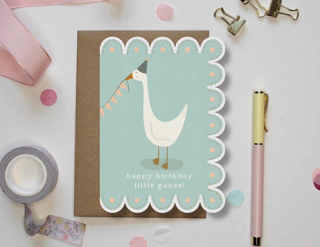 Whimsical Goose Birthday Card for Kids – Scalloped Edge Animal ...