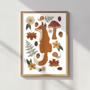 Woodland Fox Print with Adorable Design Featuring Bugs, Leaves, Mushrooms, and Flowers for Kids Room or Nursery Decor / forest illustration image 3