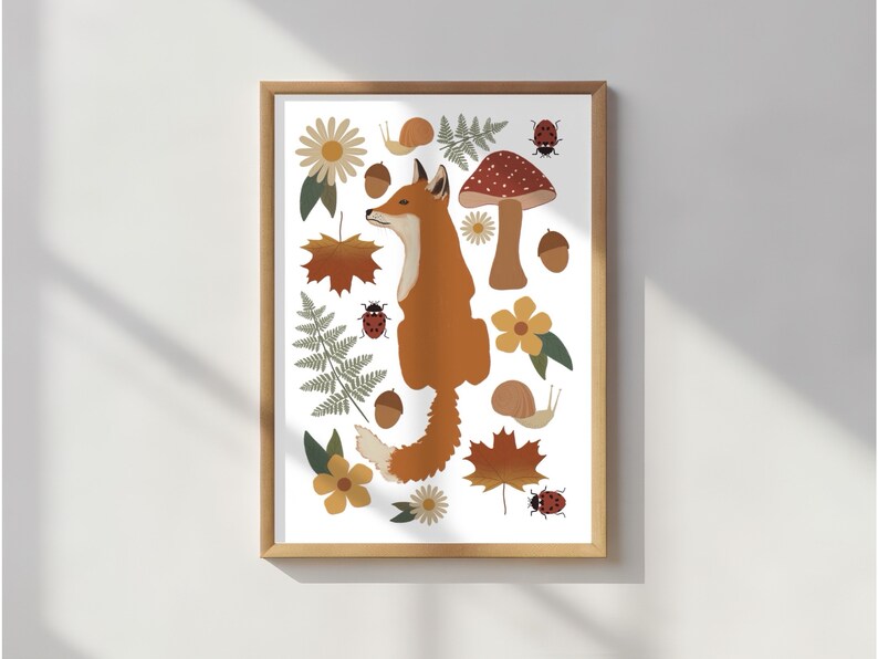 Woodland Fox Print with Adorable Design Featuring Bugs, Leaves, Mushrooms, and Flowers for Kids Room or Nursery Decor / forest illustration image 3