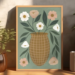 Impresión verde salvia de flores en un jarrón / Ilustración de arte floral y botánico / Póster de galería de flores / Decoración de pared sin marco / A3/A4/A5