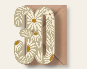 30th Birthday Card - Unique Cutout 30 Shape Greeting Card / Happy 30th Birthday Wishes for Her / Floral Illustrated Card