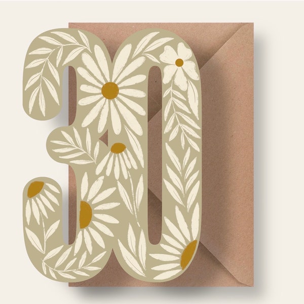 30th Birthday Card - Unique Cutout 30 Shape Greeting Card / Happy 30th Birthday Wishes for Her / Floral Illustrated Card