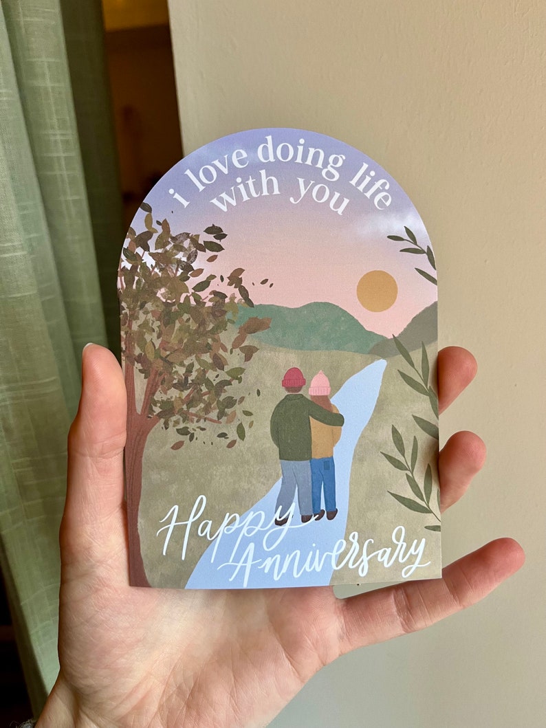 I Love Doing Life With You Unique A6 Arch Shape Happy Anniversary Greeting Card for Couple / Illustrated Art Card image 3