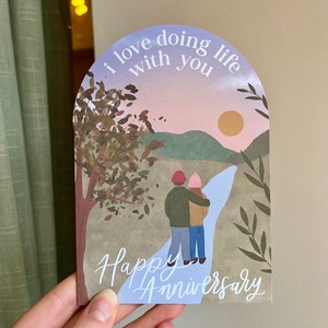 I Love Doing Life With You Unique A6 Arch Shape Happy Anniversary Greeting Card for Couple / Illustrated Art Card image 2